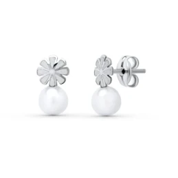 Pendientes en Oro Blanco de 18k en 9 mm. con perla y detalle de flor