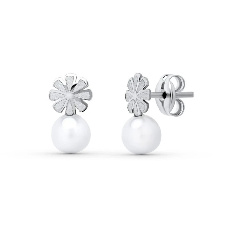 Pendientes en Oro Blanco de 18k en 9 mm. con perla y detalle de flor