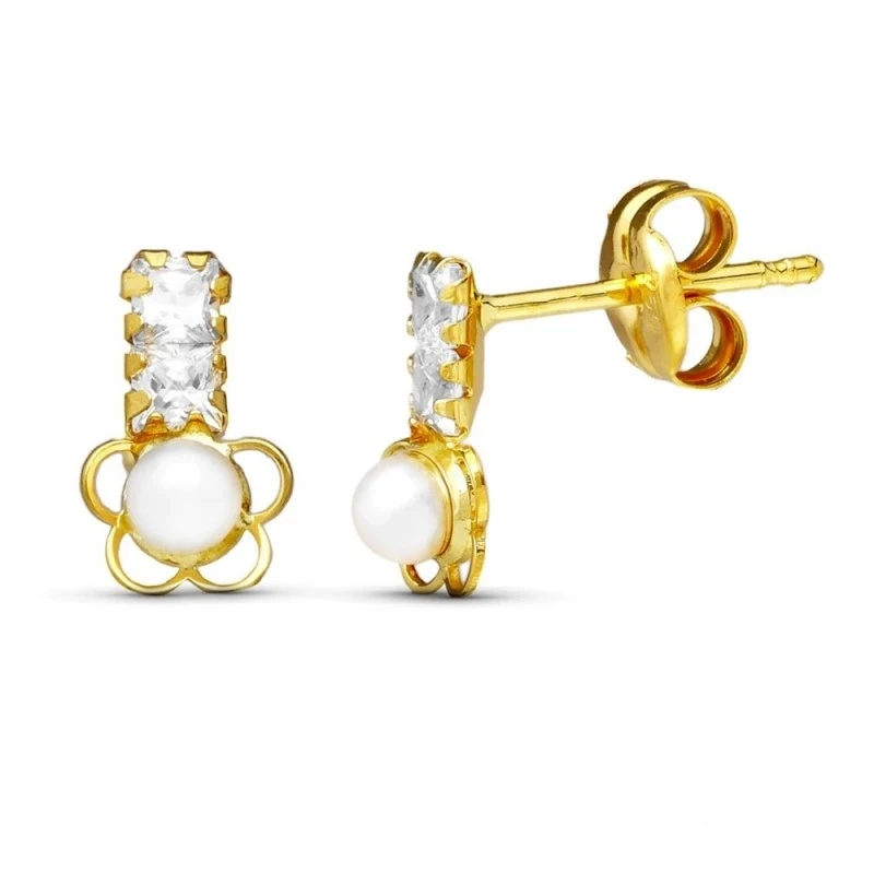 Pendientes en Oro de 18k de 8 mm. con perla y detalle de flor calada