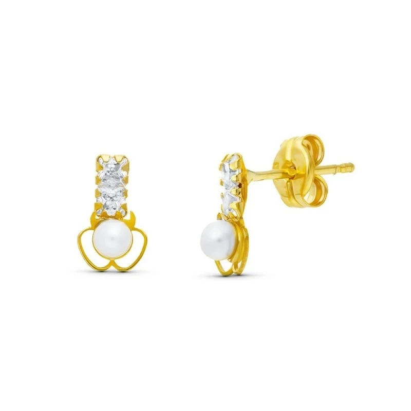 Pendientes en Oro de 18k de 8 mm. con perla y detalle de trebol con d