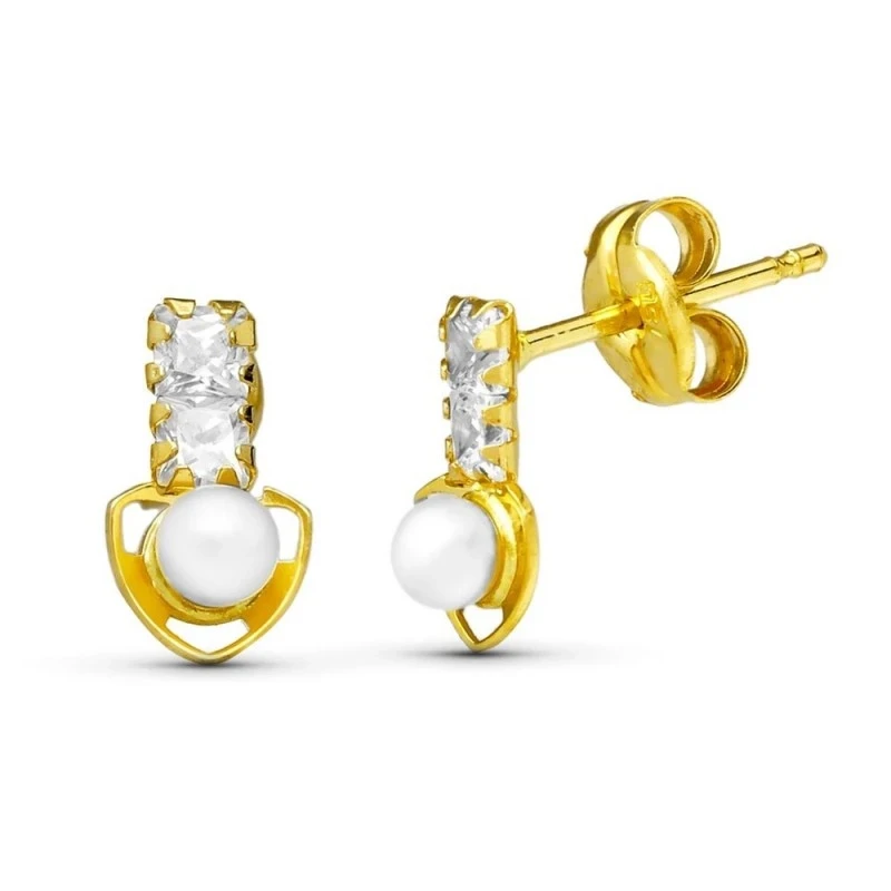 Pendientes en Oro de 18k de 8 mm. con perla y detalle de triángulo co