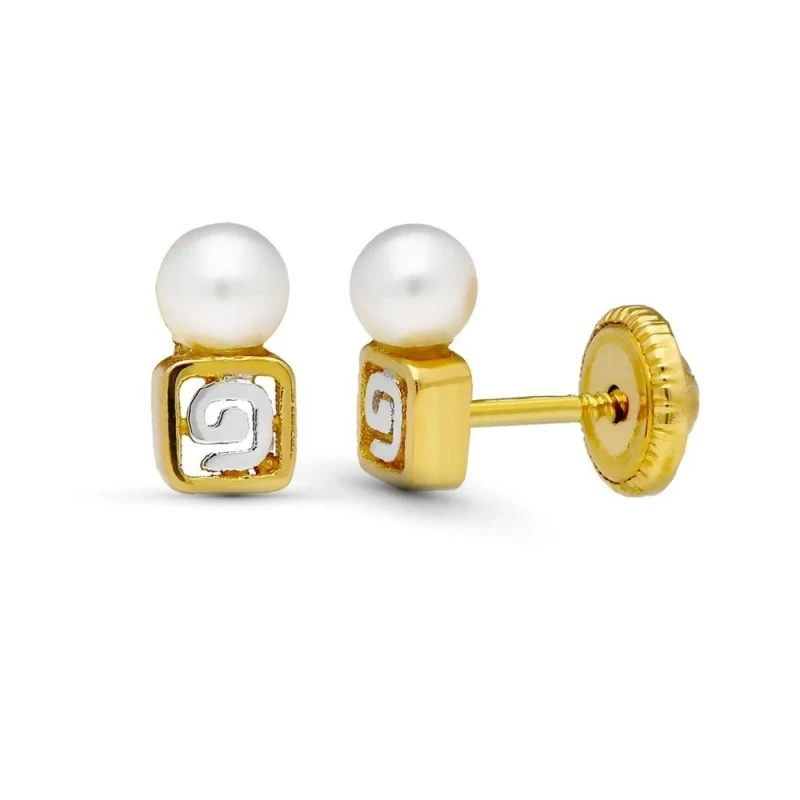 Pendientes en Oro Bicolor de 18k con 7 mm. y perla combinada con un c