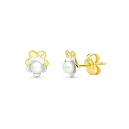 Pendientes de Oro Bicolor 18k de 6 mm. con perla y flor calada
