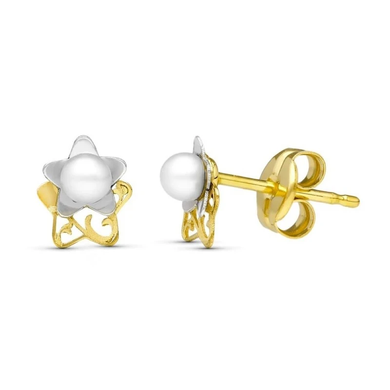 Pendientes de Oro Bicolor 18k de 6 mm. con perla y estrella calada