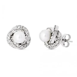 Pendientes de Oro Blanco 18k de 9 mm. nudo con circonitas y perla en