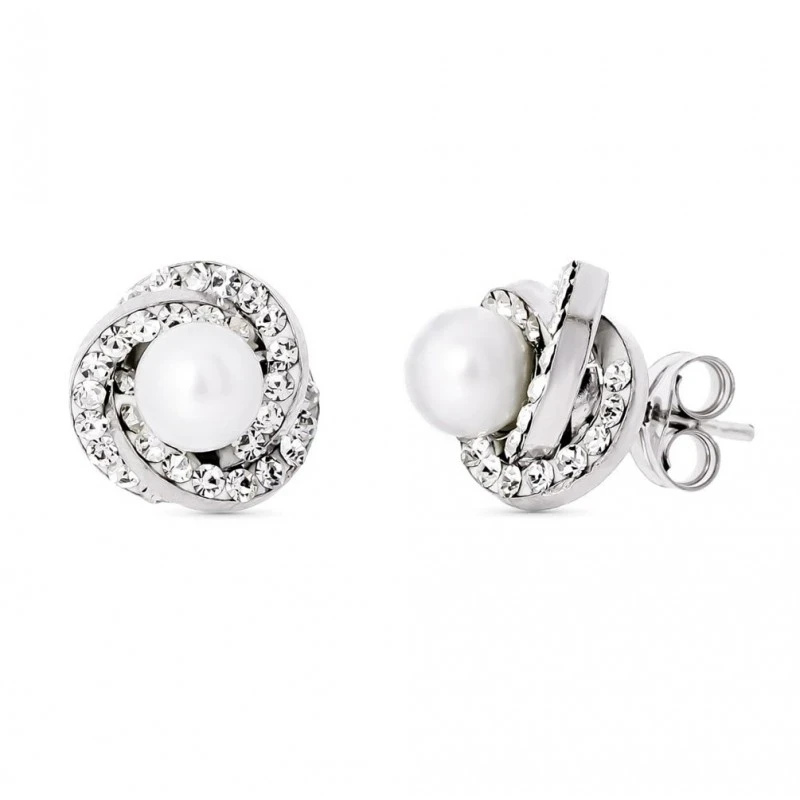 Pendientes de Oro Blanco 18k de 9 mm. nudo con circonitas y perla en