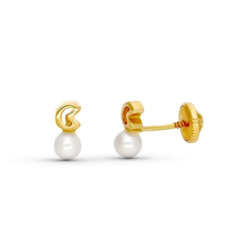 Pendientes de Oro 18k de 7 mm. con perla y forma calada