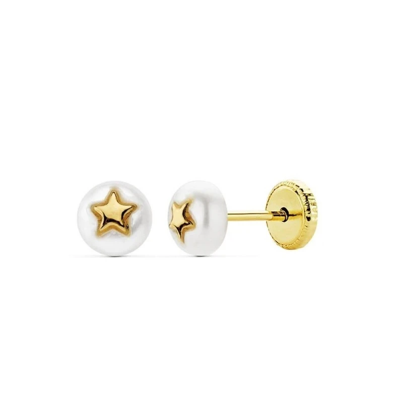 Pendientes de Oro 18k con perla de 5 mm. y estrella en el centro