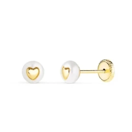 Pendientes de Oro 18k con perla de 5 mm. y corazon en el centro