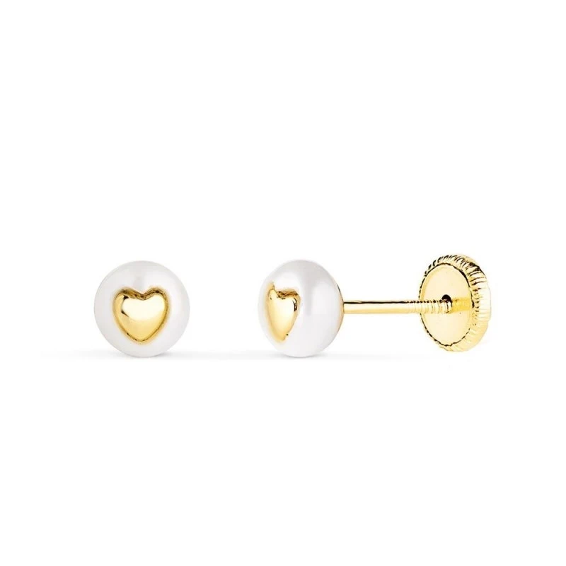 Pendientes de Oro 18k con perla de 5 mm. y corazon en el centro