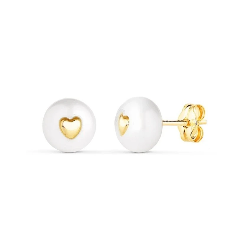 Pendientes de Oro 18k con perla de 7 mm. y corazon en el centro