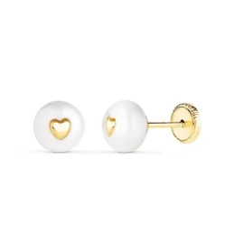 Pendientes de Oro 18k con perla de 7 mm. interior de córazon en el ce