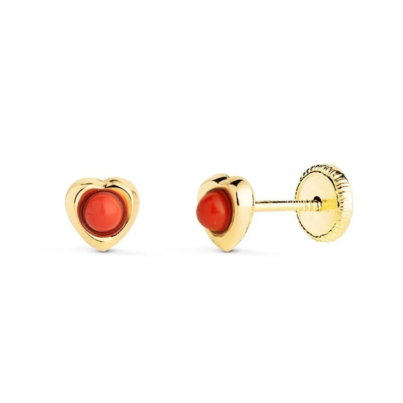 Pendientes de Oro 18k de 5 mm. con piedra coral de 2.4 mm. en el cent