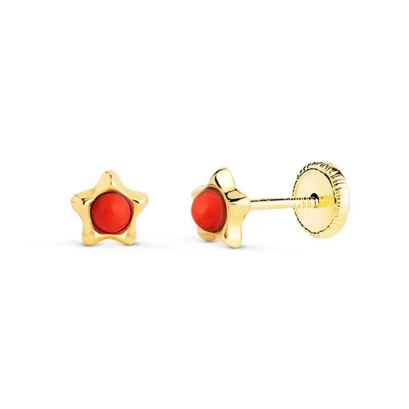 Pendientes de Oro 18k de 5 mm. con piedra coral de 2.4 mm. en el cent