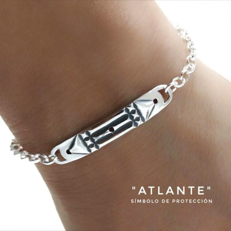 Pulsera plata Ley 925m cadena rolo 17cm. chapa 35mm. Atlante oxidado símbolo de protección