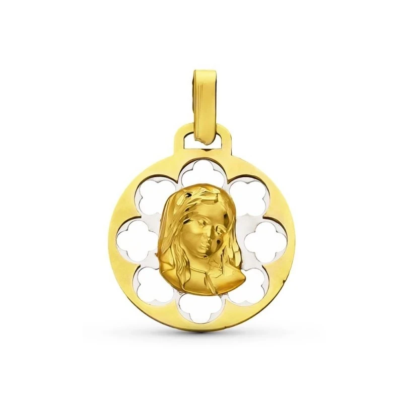 Virgen Niña Medalla en Oro Bicolor 9k de 21 mm. calada