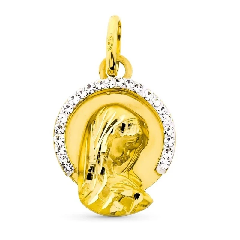 Virgen Niña Medalla de Oro 9k de 15 mm. con detalle de circonitas