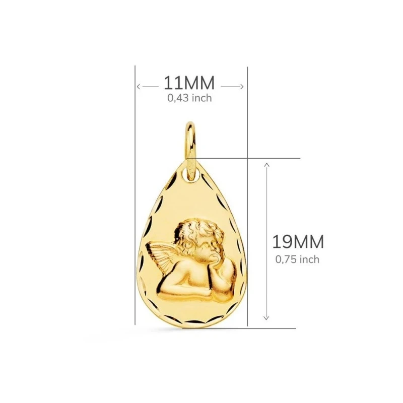 Ángel Burlón Medalla en Oro 9k de 19 mm. forma de gota tallada. Graba
