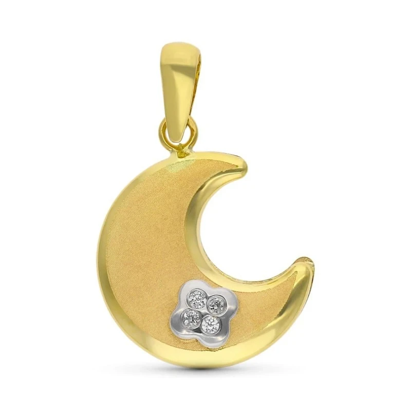 Luna Colgante en Oro Bicolor de 9k lisa con trébol y circonitas