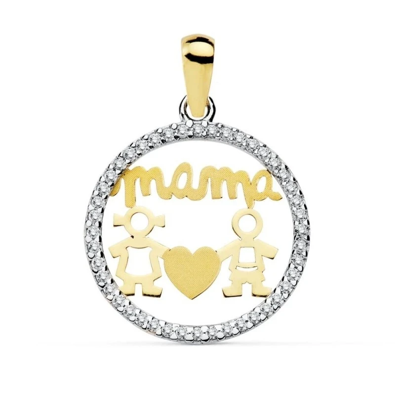 Colgante en Oro Bicolor de 9k con 16 mm. mensaje MAMÁ y dos niños cal