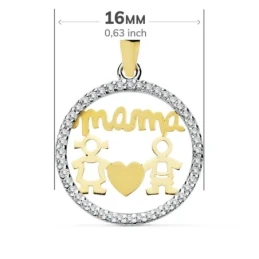 Colgante en Oro Bicolor de 9k con 16 mm. mensaje MAMÁ y dos niños cal