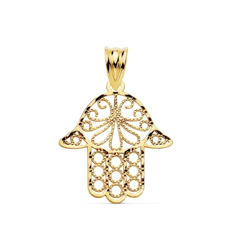 Mano de Fátima Colgante Amuleto en Oro 9k de 20 mm. calada y tallada