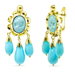 Pendientes Largos Oro 18k camafeo 28 mm. turquesa reconstituida lágri