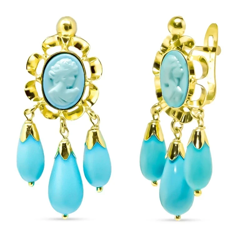 Pendientes Largos Oro 18k camafeo 28 mm. turquesa reconstituida lágri