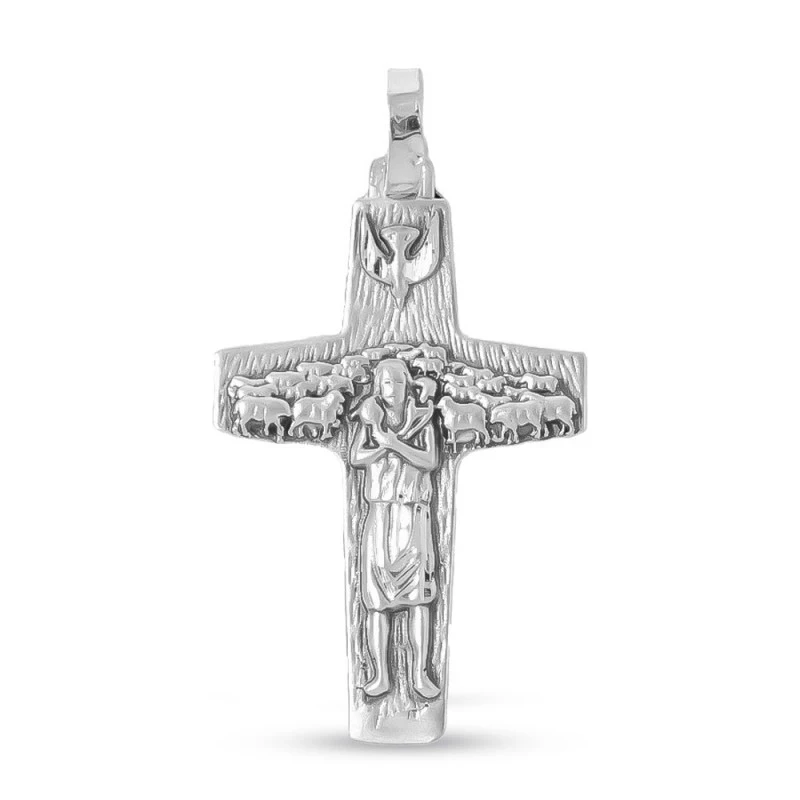 Cruz Buen Pastor Colgante Plata Ley 925m macizo 48 mm. Papa Francisco