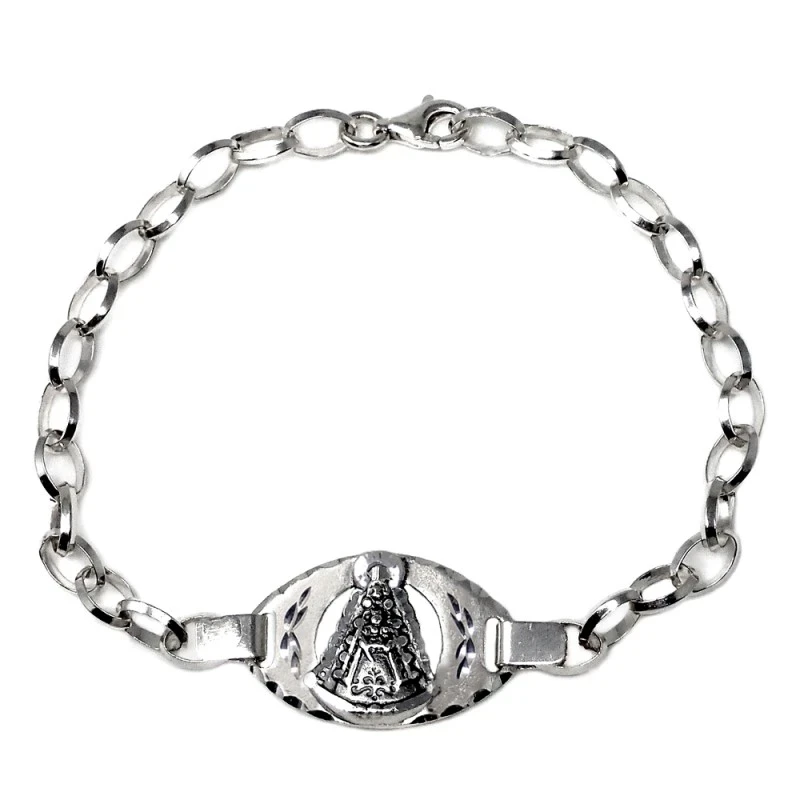 Pulsera plata Ley 925m Virgen del Rocío 18.5cm. chapa calada borde tallado cadena rolo oval maciza
