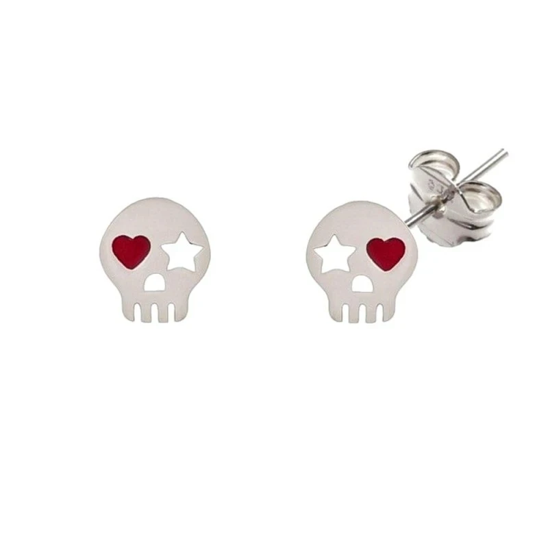 Pendientes Plata Ley 925m niña 7 mm. calavera forma corazón rojo esma