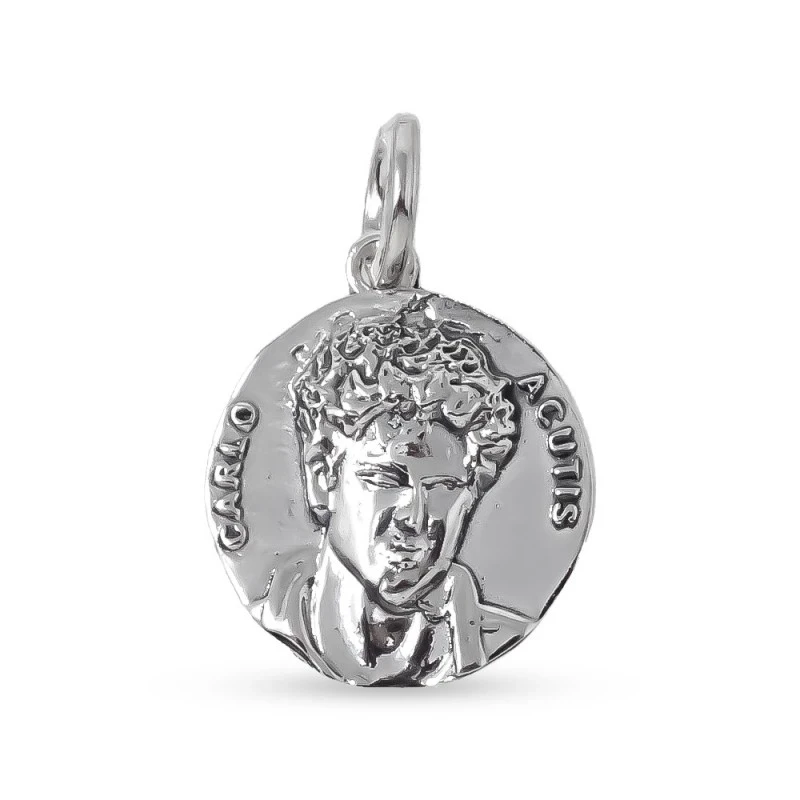 Beato Carlo Acutis Medalla en Plata de Ley 925m de 18 mm. brillo. Gra