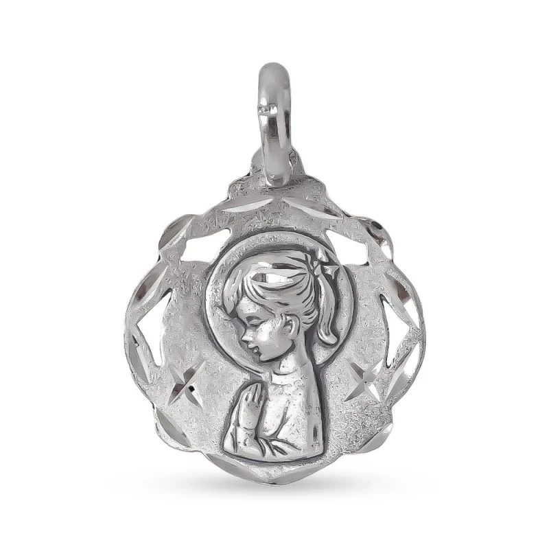 Virgen Niña Medalla en Plata de Ley 925m maciza para Primera Comunión