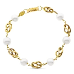 Pulsera oro 18k mujer alterna entrepieza jaulas perlas