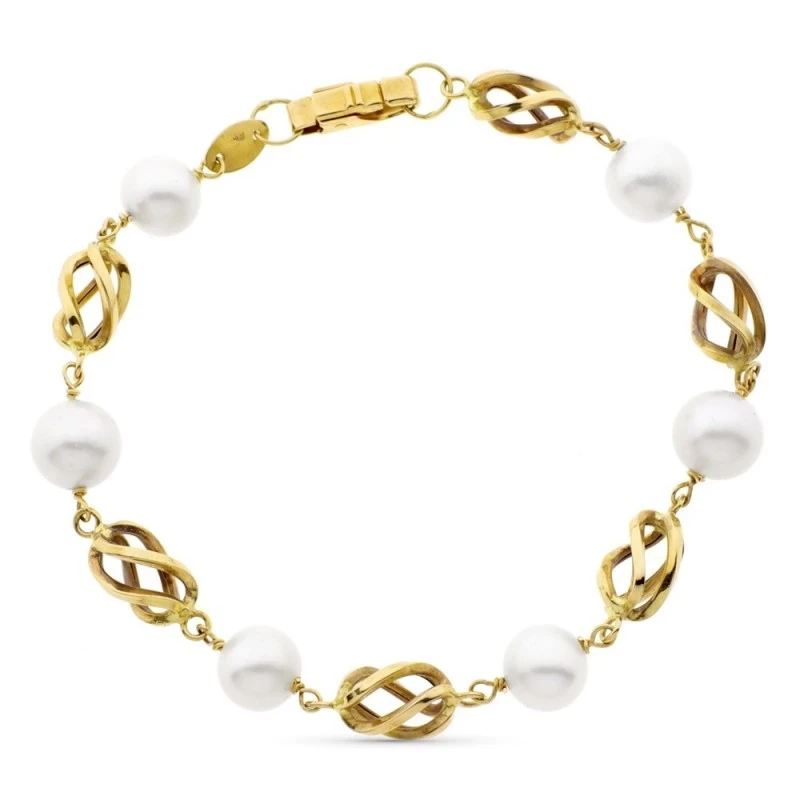 Pulsera oro 18k mujer alterna entrepieza jaulas perlas