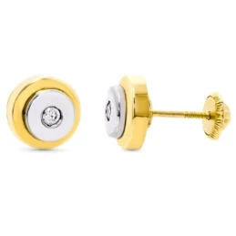 Pendientes oro bicolor 18k redondos 8mm. centro circonita cierre tuer