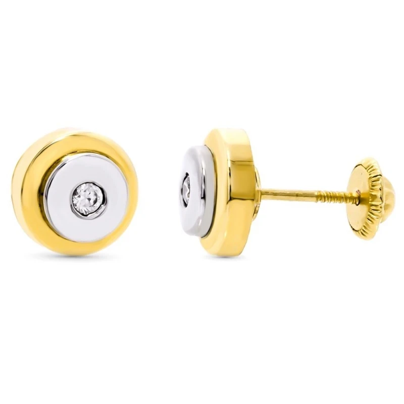 Pendientes oro bicolor 18k redondos 8mm. centro circonita cierre tuer