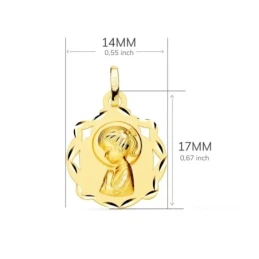 Virgen Niña medalla oro 18k Primera Comunión colgante 14 mm. detalles