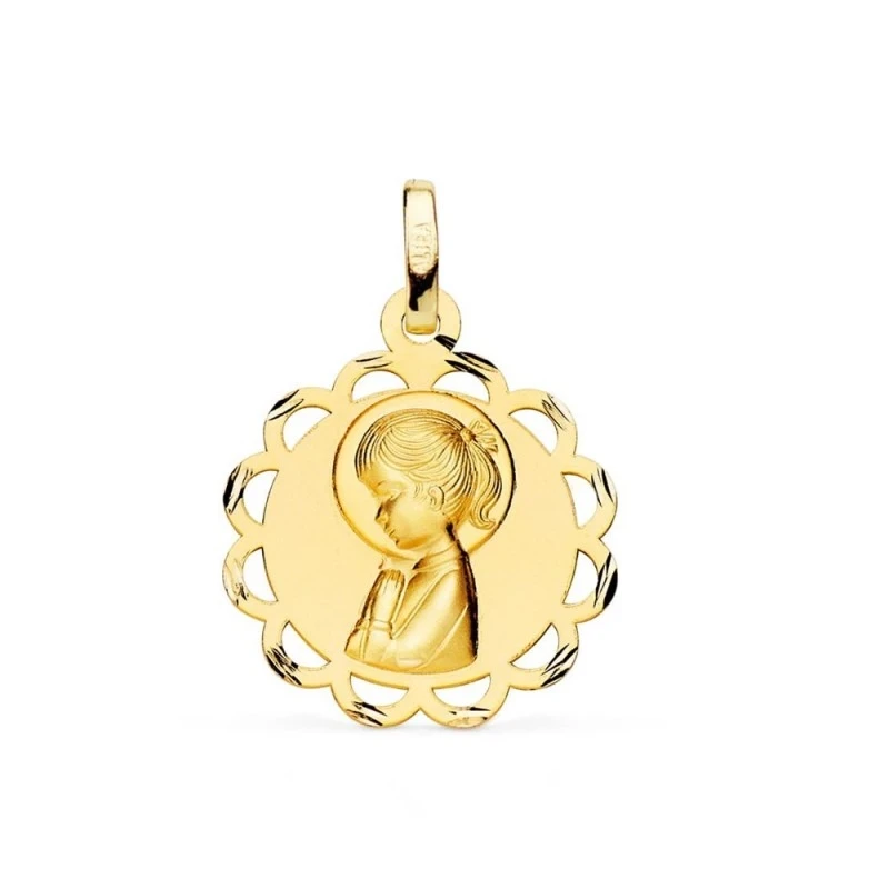 Virgen Niña medalla oro 18k Primera Comunión 19 mm. mate brillo forma