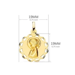 Virgen Niña medalla oro 18k Primera Comunión 19 mm. mate brillo forma