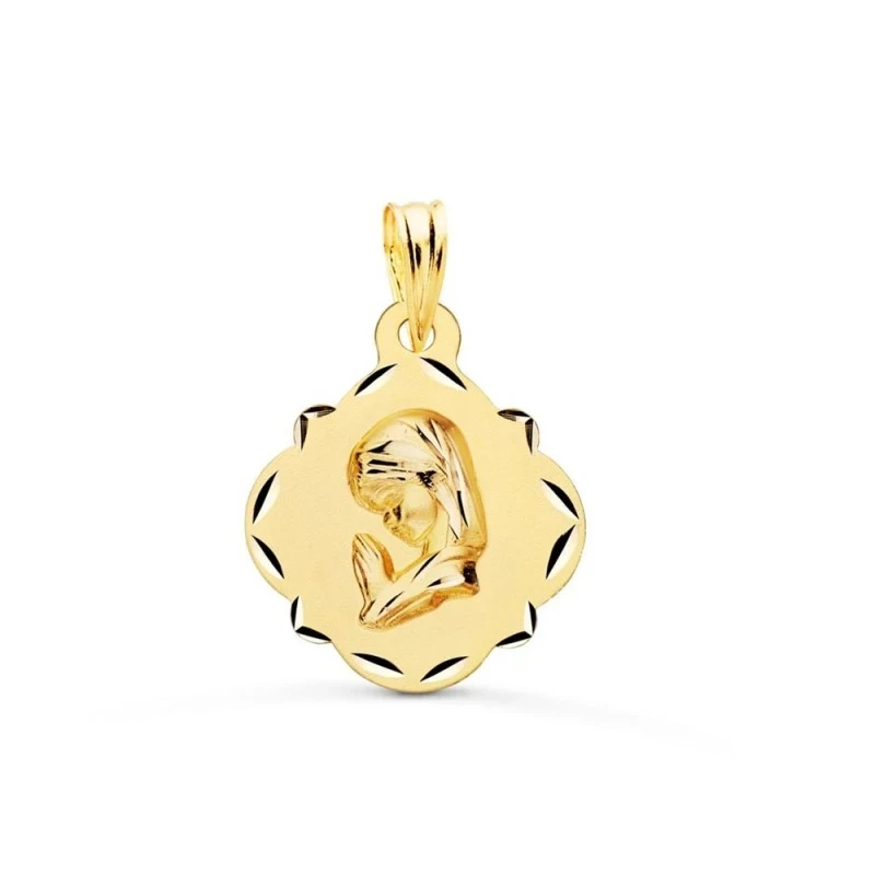 Virgen Niña medalla oro 18k Primera Comunión 19 mm. forma pandereta d