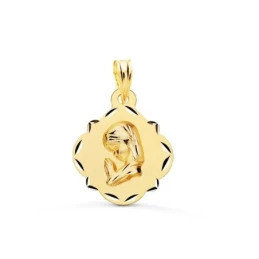 Virgen Niña medalla oro 18k Primera Comunión 19 mm. forma pandereta d