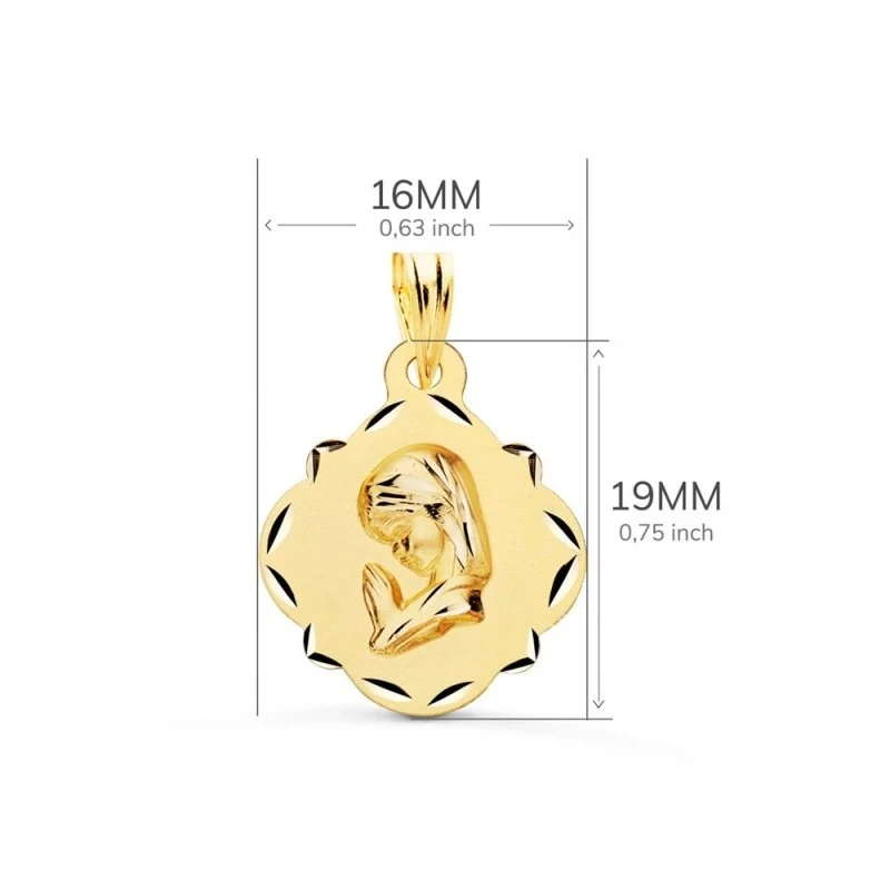 Virgen Niña medalla oro 18k Primera Comunión 19 mm. forma pandereta d