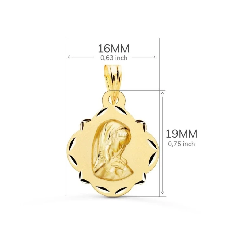 Virgen Niña medalla oro 18k Primera Comunión 19 mm. detalles calados