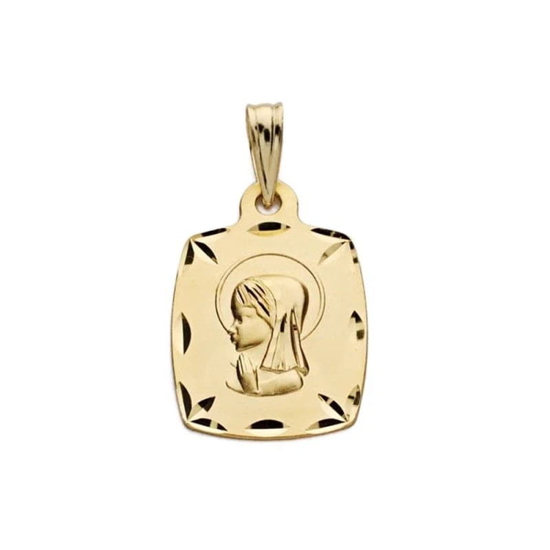 Virgen Niña medalla oro 18k Primera Comunión colgante 19 mm. cuadrado