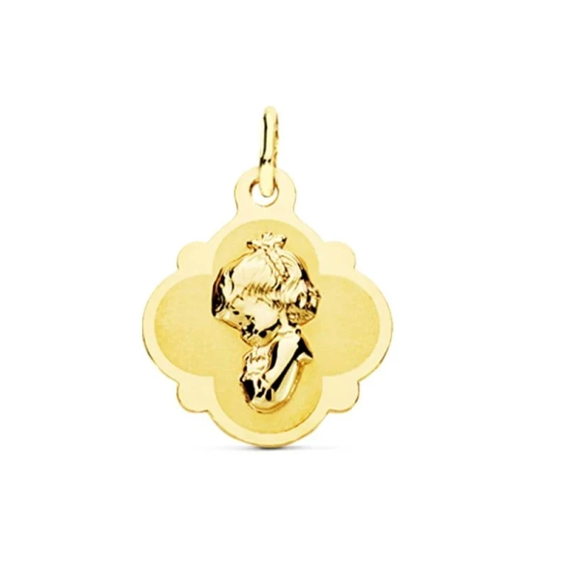 Virgen Niña medalla oro 18k Primera Comunión colgante 19 mm. forma pa
