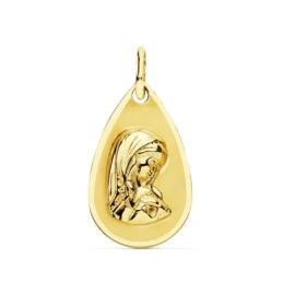 Virgen Niña medalla oro 18k Primera Comunión colgante 19 mm. forma go