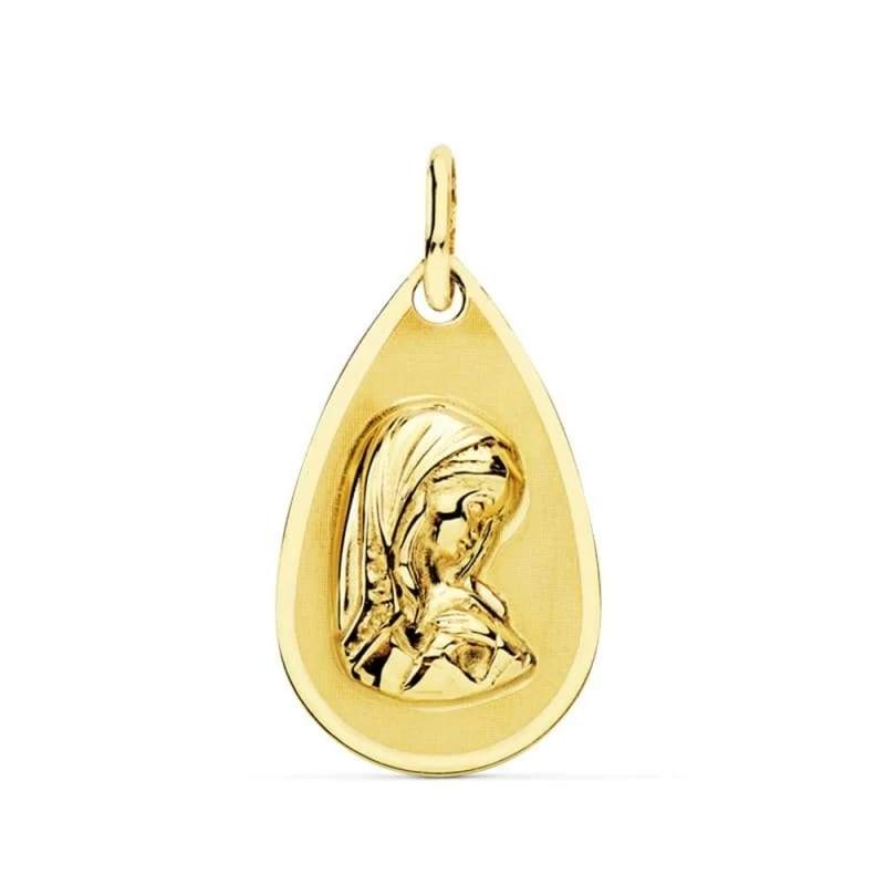 Virgen Niña medalla oro 18k Primera Comunión colgante 19 mm. forma go