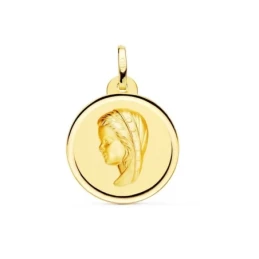 Virgen Niña medalla oro 18k Primera Comunión colgante 20 mm. bisel li