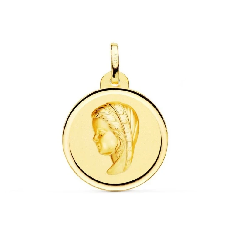 Virgen Niña medalla oro 18k Primera Comunión colgante 20 mm. bisel li
